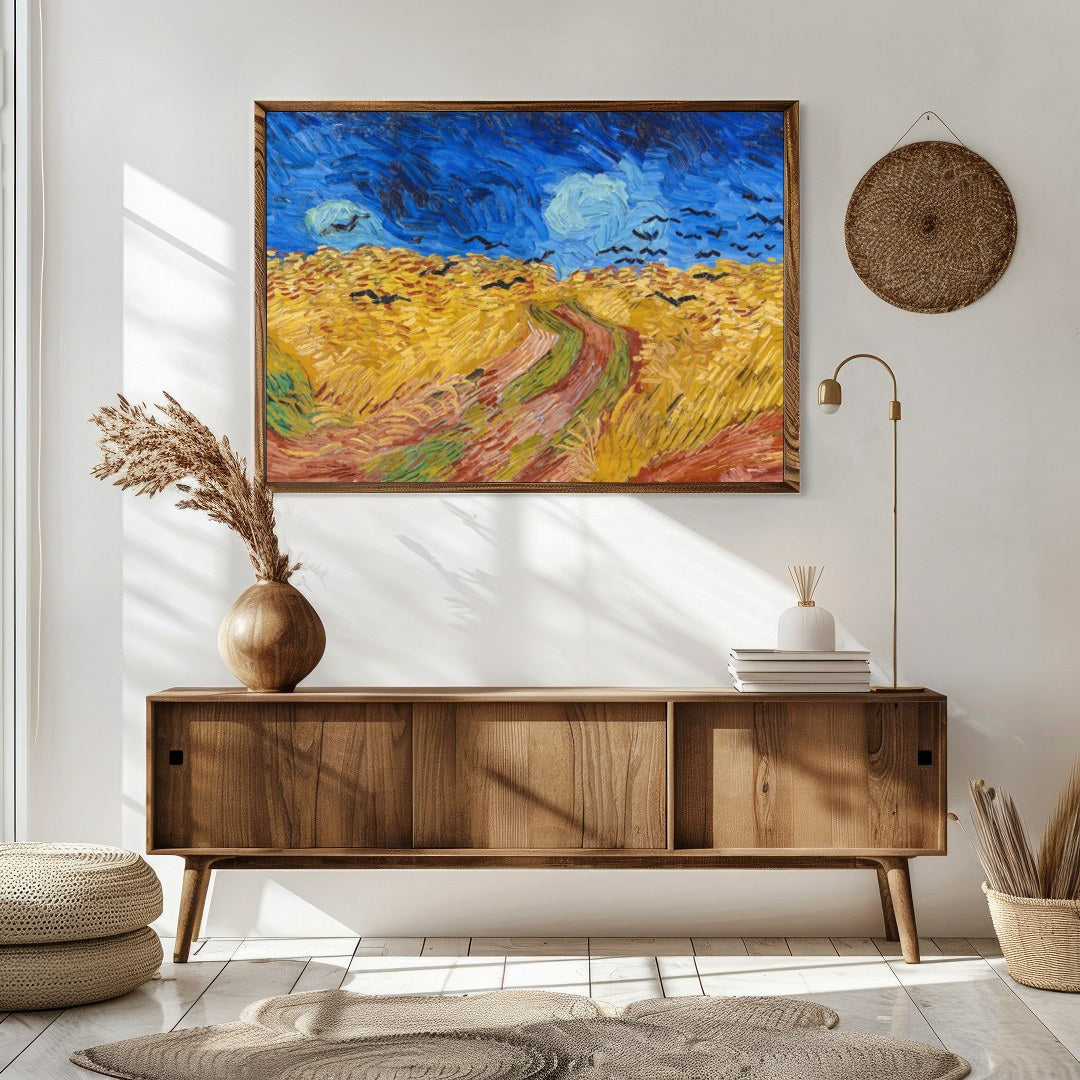 Immerse yourself in this mesmerizing artwork capturing a dramatic scene of crows soaring over a for Sitting Area