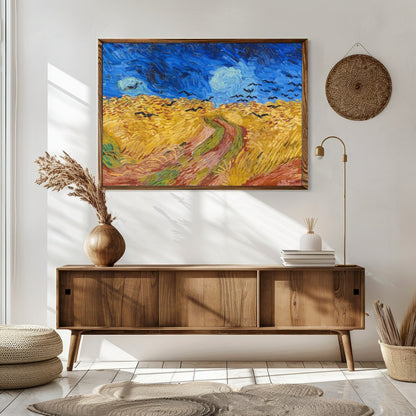 Immerse yourself in this mesmerizing artwork capturing a dramatic scene of crows soaring over a for Sitting Area