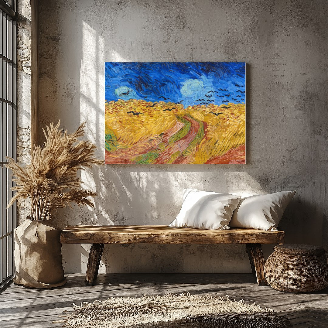 Immerse yourself in this mesmerizing artwork capturing a dramatic scene of crows soaring over a for Veranda