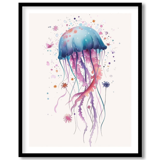 An enchanting watercolor illustration showcases a single, large jellyfish bursting with a spectrum … for abode