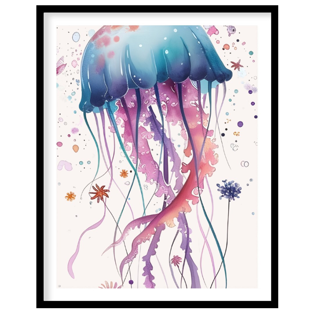 An enchanting watercolor illustration showcases a single, large jellyfish bursting with a spectrum … for abode