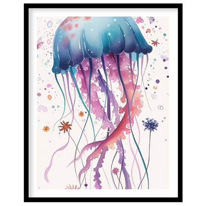 An enchanting watercolor illustration showcases a single, large jellyfish bursting with a spectrum … for abode