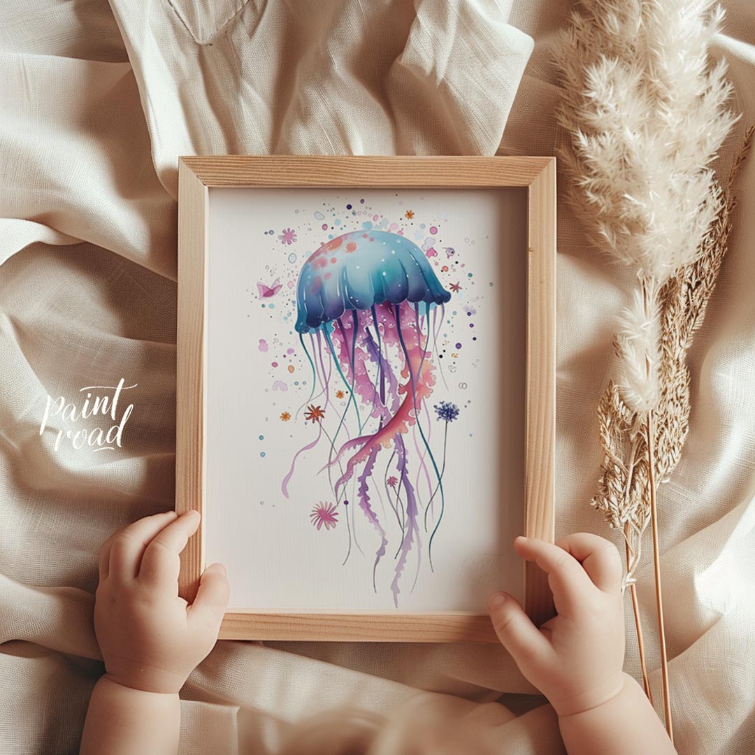 An enchanting watercolor illustration showcases a single, large jellyfish bursting with a spectrum … for nursery
