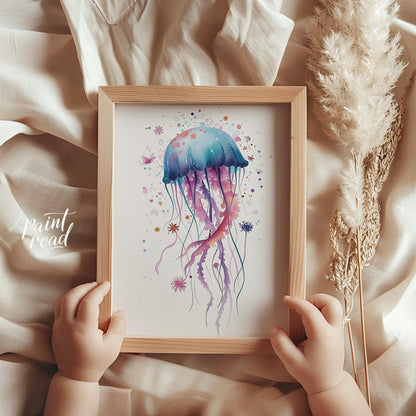 An enchanting watercolor illustration showcases a single, large jellyfish bursting with a spectrum … for nursery