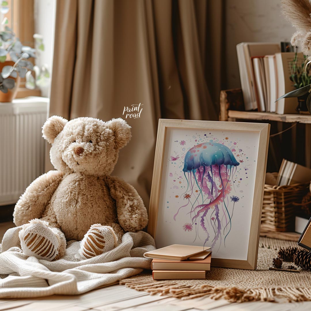 An enchanting watercolor illustration showcases a single, large jellyfish bursting with a spectrum … for nursery