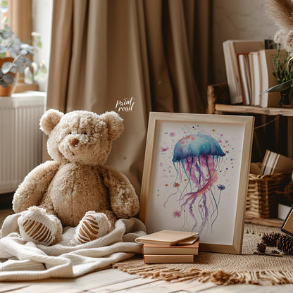An enchanting watercolor illustration showcases a single, large jellyfish bursting with a spectrum … for nursery