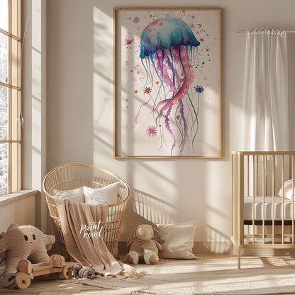 An enchanting watercolor illustration showcases a single, large jellyfish bursting with a spectrum … for nursery