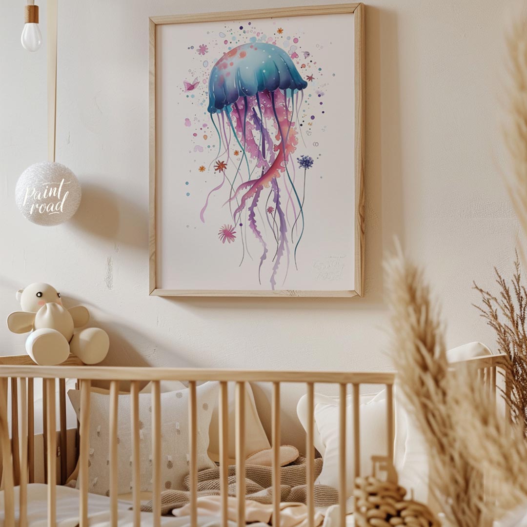 An enchanting watercolor illustration showcases a single, large jellyfish bursting with a spectrum … for nursery
