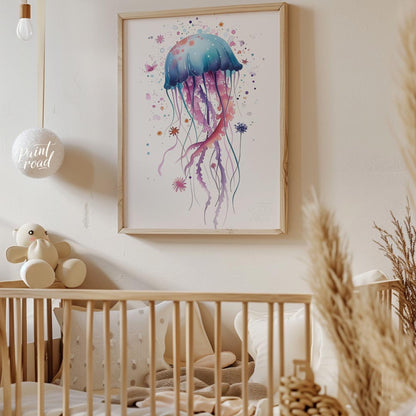 An enchanting watercolor illustration showcases a single, large jellyfish bursting with a spectrum … for nursery