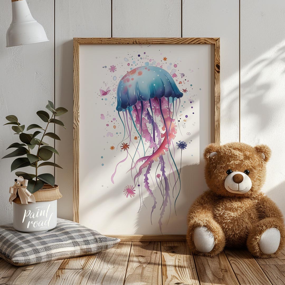 An enchanting watercolor illustration showcases a single, large jellyfish bursting with a spectrum … for nursery
