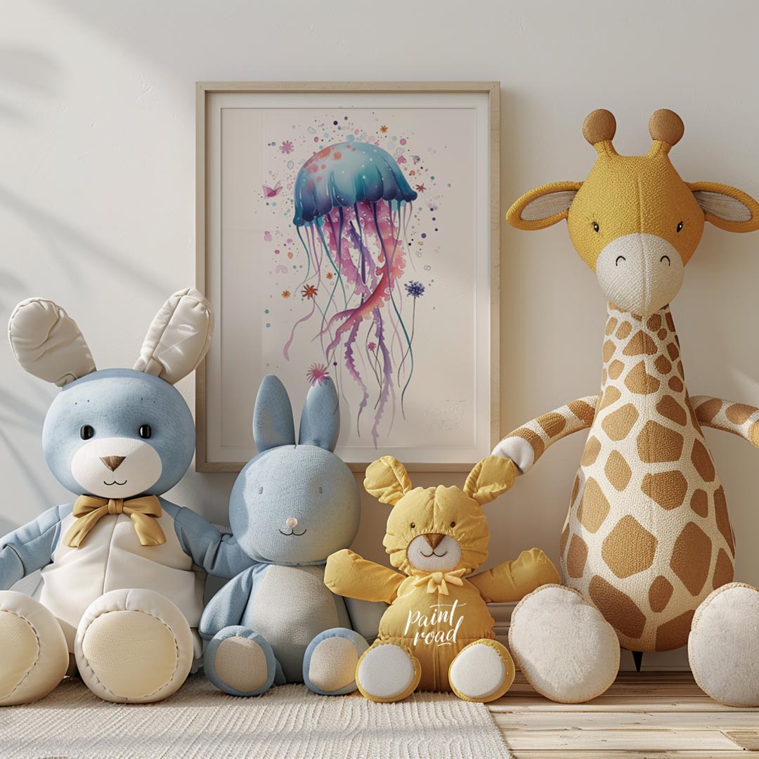 An enchanting watercolor illustration showcases a single, large jellyfish bursting with a spectrum … for nursery