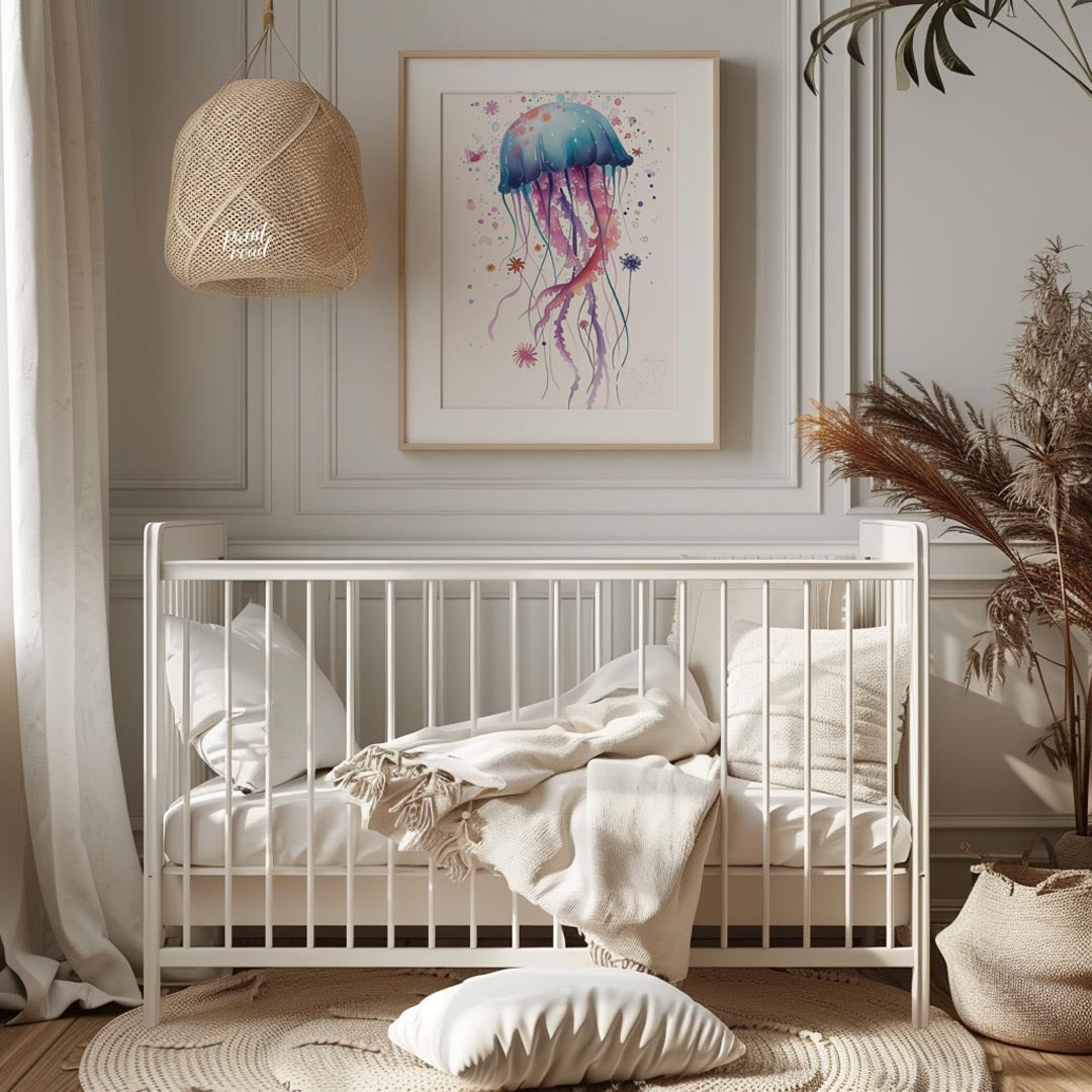 An enchanting watercolor illustration showcases a single, large jellyfish bursting with a spectrum … for nursery
