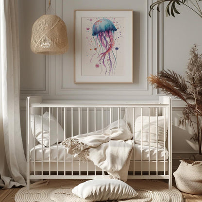An enchanting watercolor illustration showcases a single, large jellyfish bursting with a spectrum … for nursery