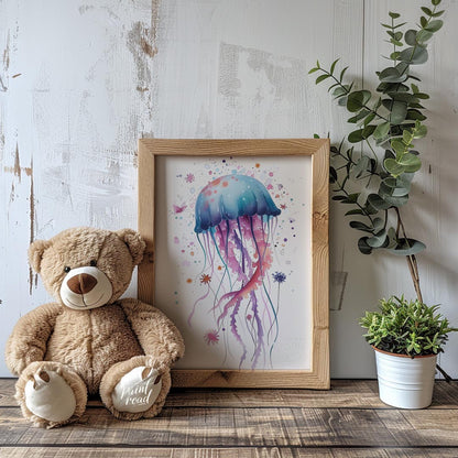 An enchanting watercolor illustration showcases a single, large jellyfish bursting with a spectrum … for nursery