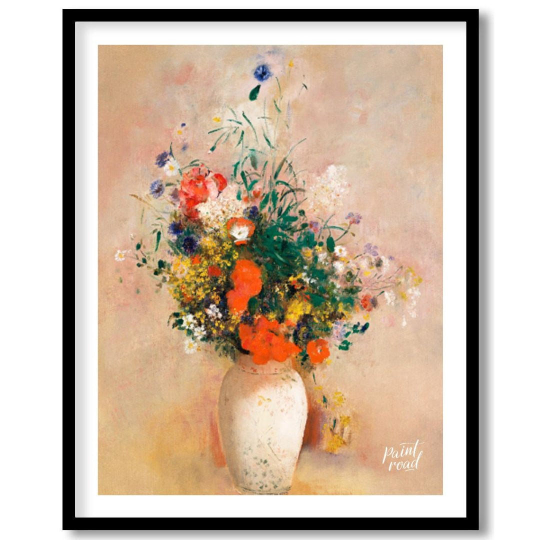 “Vase of Flowers (Pink Background)” by Odilon Redon presents a bountiful arrangement of colorful wi… for abode