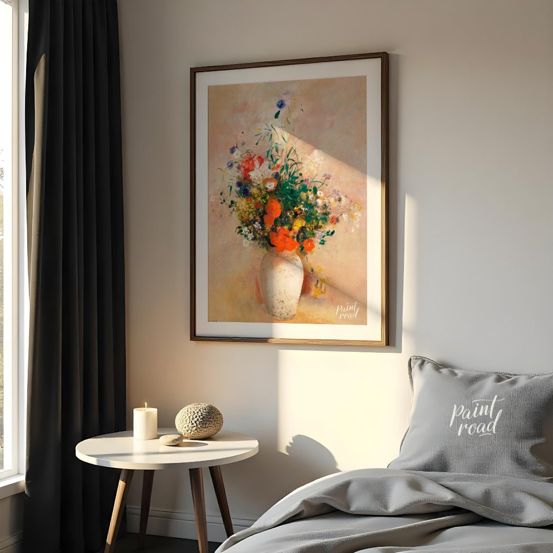 “Vase of Flowers (Pink Background)” by Odilon Redon presents a bountiful arrangement of colorful wi… for bedroom