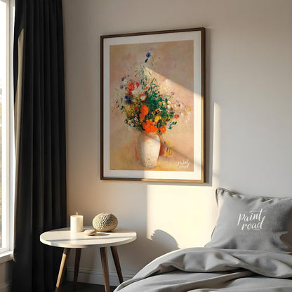 “Vase of Flowers (Pink Background)” by Odilon Redon presents a bountiful arrangement of colorful wi… for bedroom