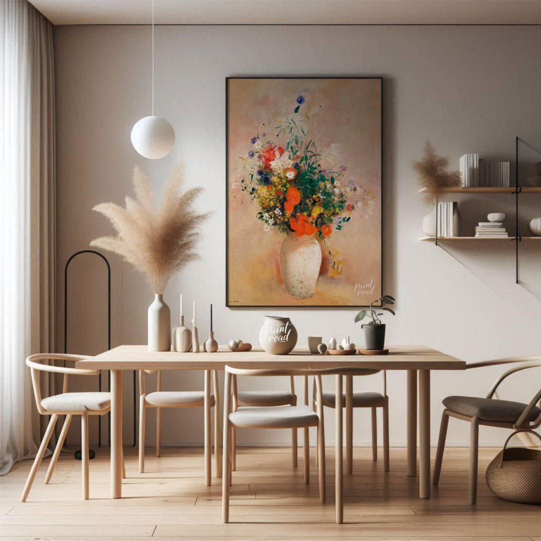 “Vase of Flowers (Pink Background)” by Odilon Redon presents a bountiful arrangement of colorful wi… for dining room
