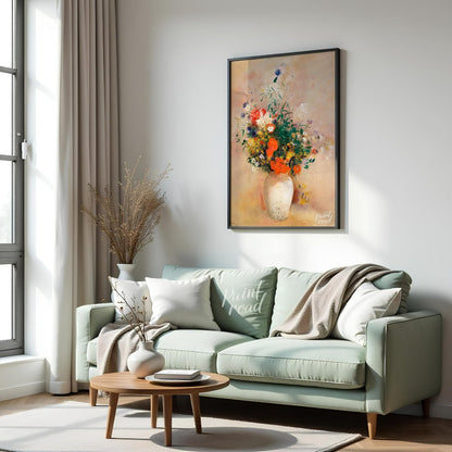 “Vase of Flowers (Pink Background)” by Odilon Redon presents a bountiful arrangement of colorful wi… for living room