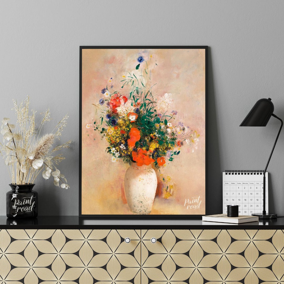 “Vase of Flowers (Pink Background)” by Odilon Redon presents a bountiful arrangement of colorful wi… for office