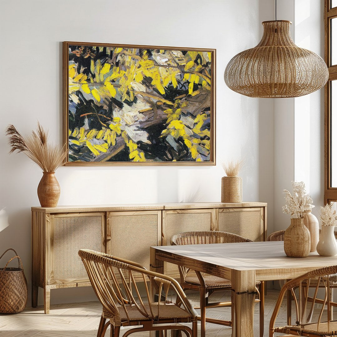 Immerse yourself in this lively artwork, bursting with vibrant yellow blossoms against a textured for Dining