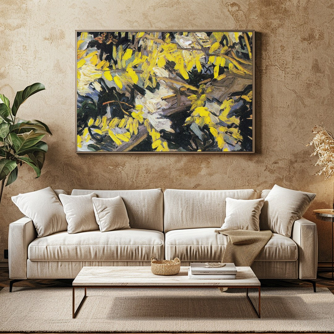 Immerse yourself in this lively artwork, bursting with vibrant yellow blossoms against a textured for Family Room