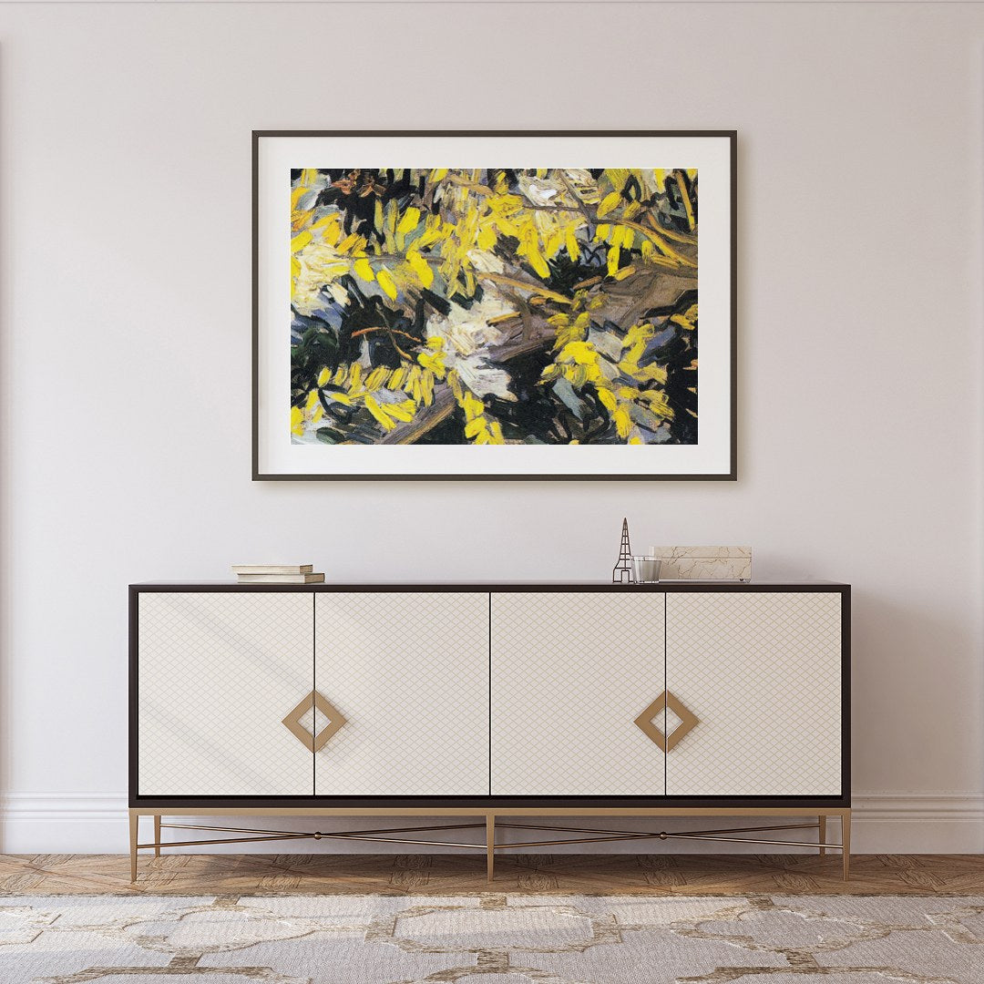Immerse yourself in this lively artwork, bursting with vibrant yellow blossoms against a textured for Foyer