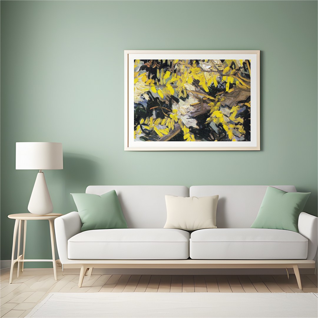 Immerse yourself in this lively artwork, bursting with vibrant yellow blossoms against a textured for Hall
