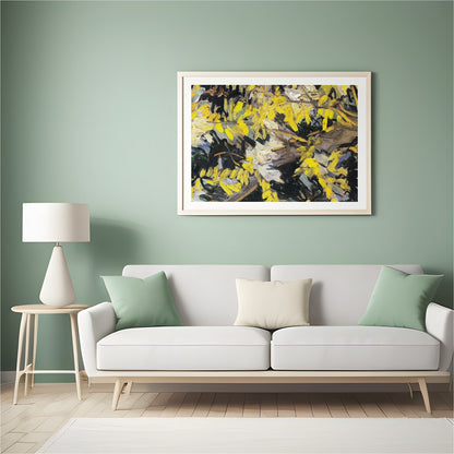 Immerse yourself in this lively artwork, bursting with vibrant yellow blossoms against a textured for Hall