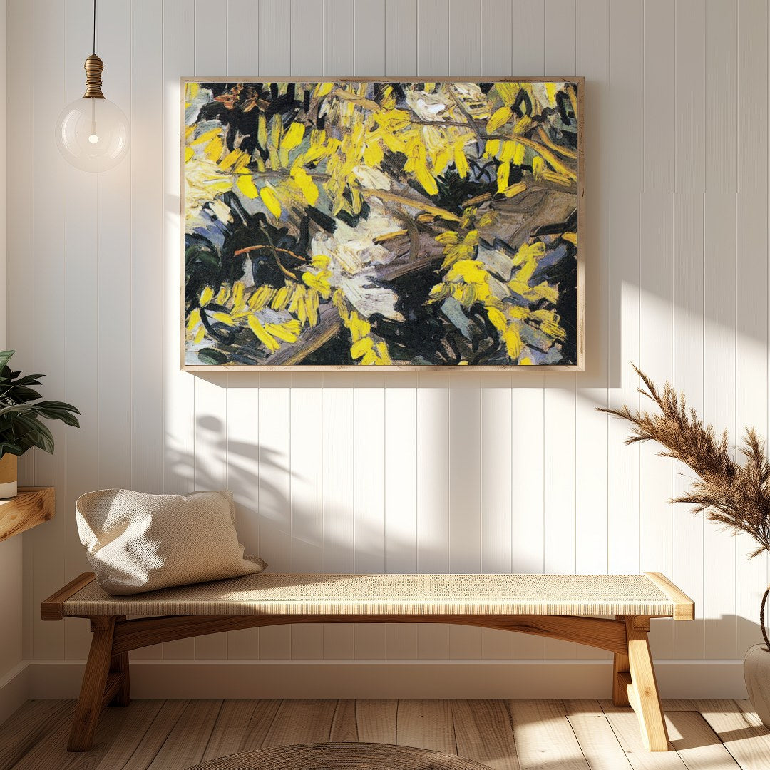 Immerse yourself in this lively artwork, bursting with vibrant yellow blossoms against a textured for Hallway