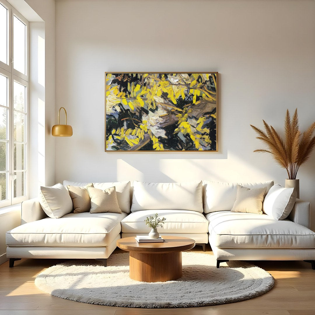Immerse yourself in this lively artwork, bursting with vibrant yellow blossoms against a textured for Living Room
