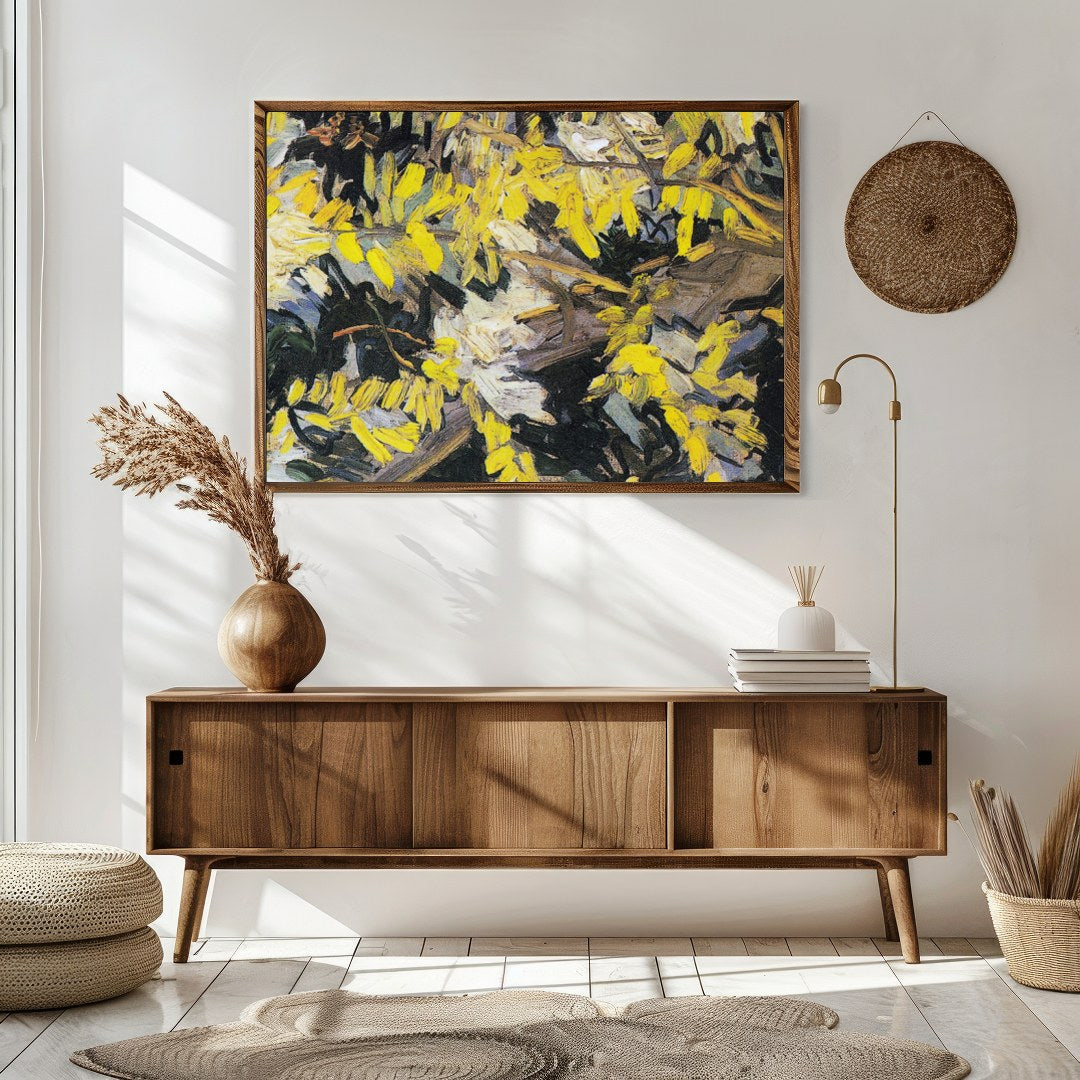 Immerse yourself in this lively artwork, bursting with vibrant yellow blossoms against a textured for Sitting Area