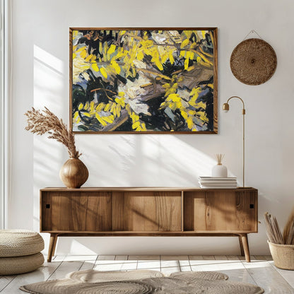 Immerse yourself in this lively artwork, bursting with vibrant yellow blossoms against a textured for Sitting Area
