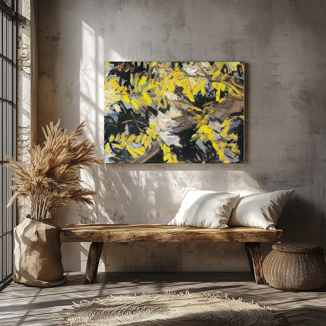 Immerse yourself in this lively artwork, bursting with vibrant yellow blossoms against a textured for Veranda