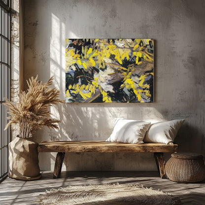 Immerse yourself in this lively artwork, bursting with vibrant yellow blossoms against a textured for Veranda