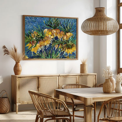 This captivating artwork features vibrant yellow flowers set against a mesmerizing starry blue for Dining