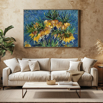 This captivating artwork features vibrant yellow flowers set against a mesmerizing starry blue for Family Room