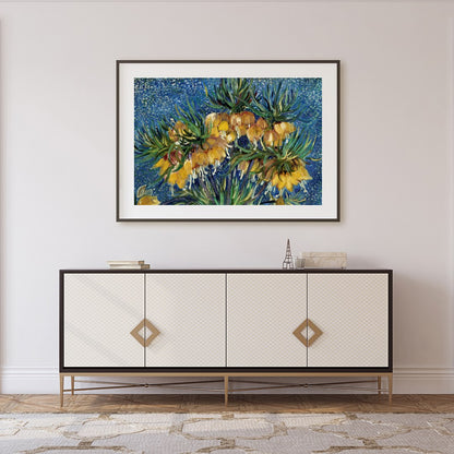 This captivating artwork features vibrant yellow flowers set against a mesmerizing starry blue for Foyer