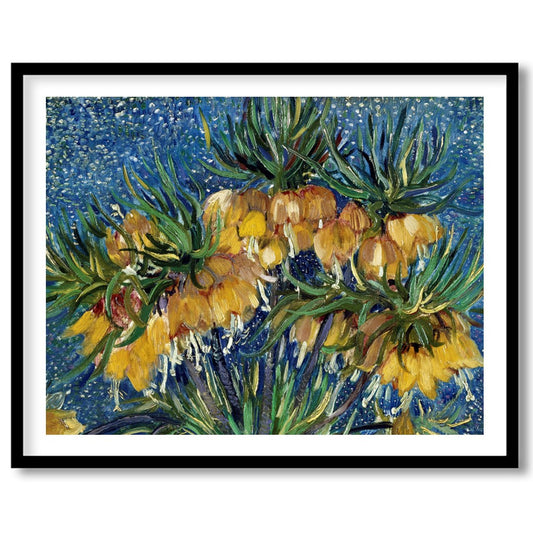 This captivating artwork features vibrant yellow flowers set against a mesmerizing starry blue for gallery