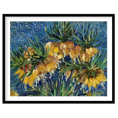 This captivating artwork features vibrant yellow flowers set against a mesmerizing starry blue for gallery