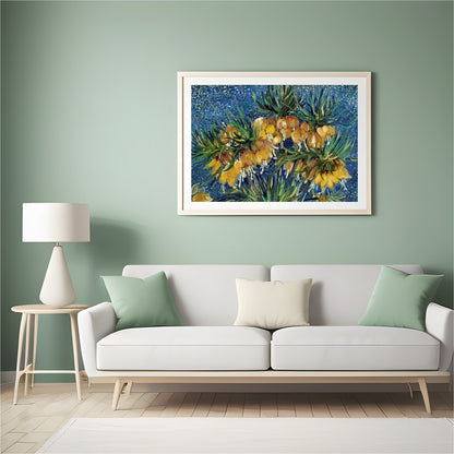 This captivating artwork features vibrant yellow flowers set against a mesmerizing starry blue for Hall
