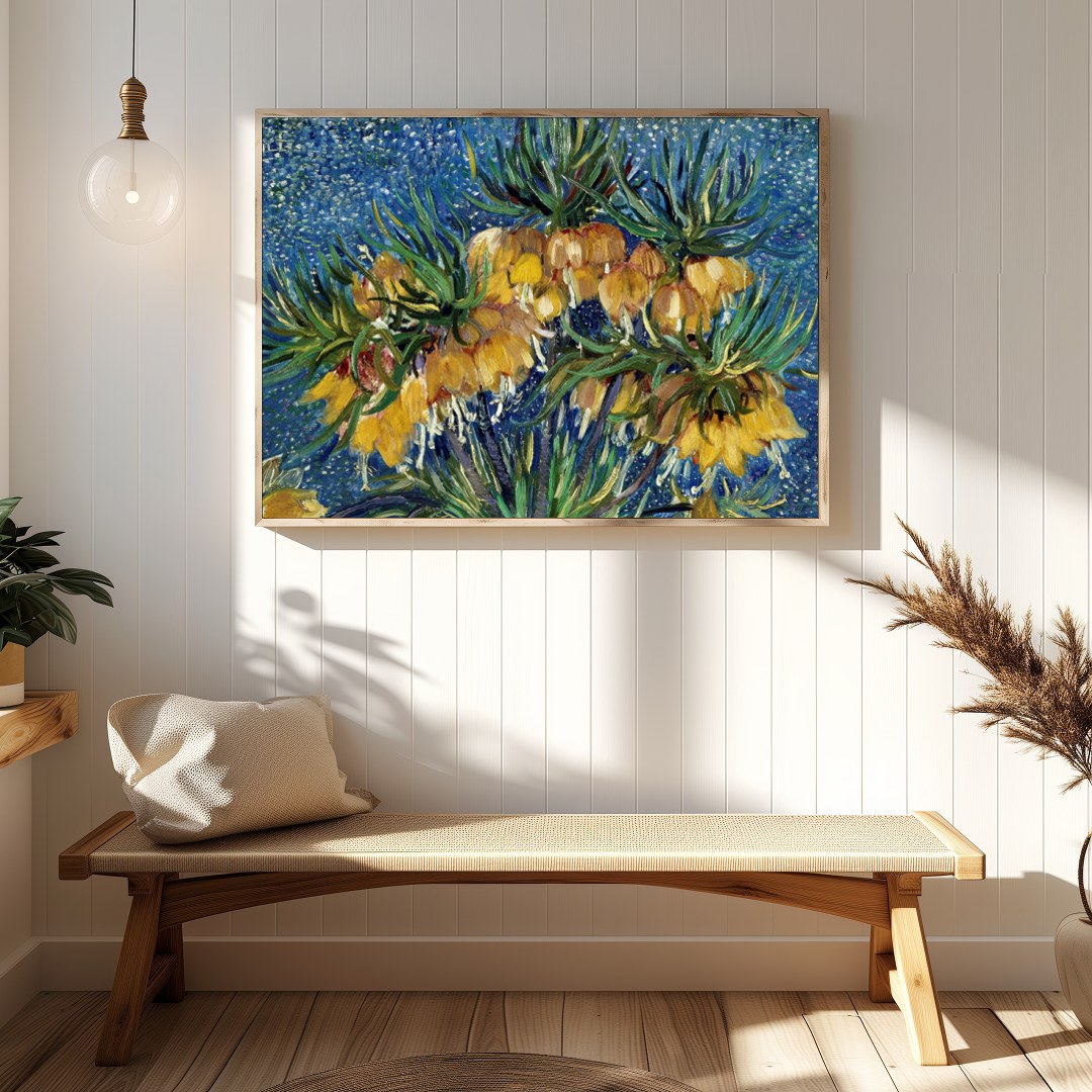 This captivating artwork features vibrant yellow flowers set against a mesmerizing starry blue for Hallway