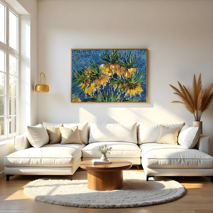 This captivating artwork features vibrant yellow flowers set against a mesmerizing starry blue for Living Room