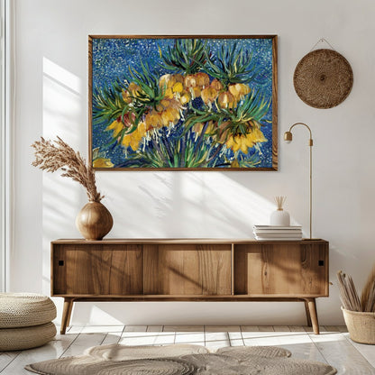 This captivating artwork features vibrant yellow flowers set against a mesmerizing starry blue for Sitting Area