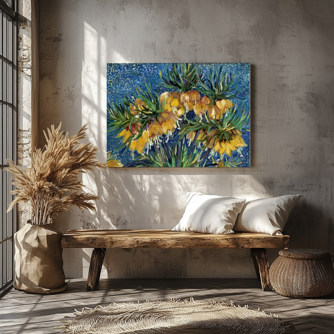 This captivating artwork features vibrant yellow flowers set against a mesmerizing starry blue for Veranda