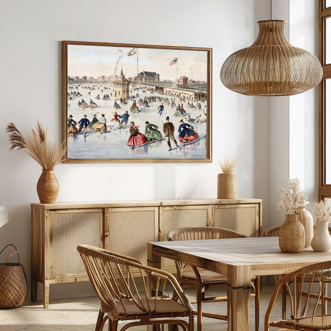 Step back in time with this captivating piece depicting a lively skating scene on a frozen pond. for Dining