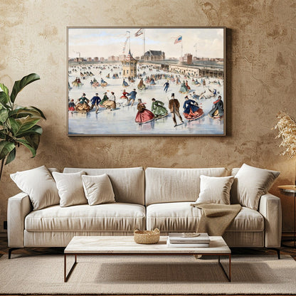 Step back in time with this captivating piece depicting a lively skating scene on a frozen pond. for Family Room