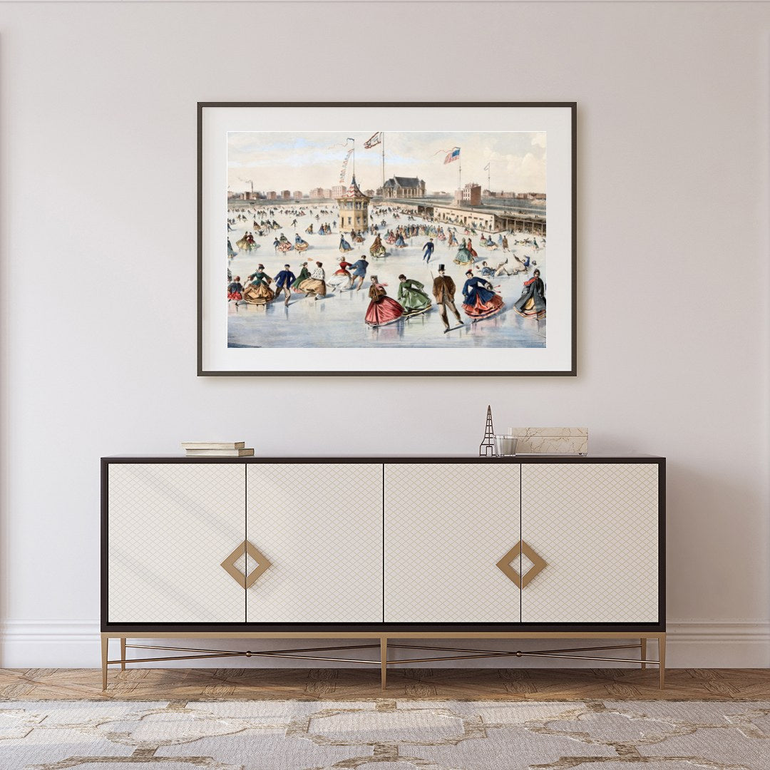 Step back in time with this captivating piece depicting a lively skating scene on a frozen pond. for Foyer