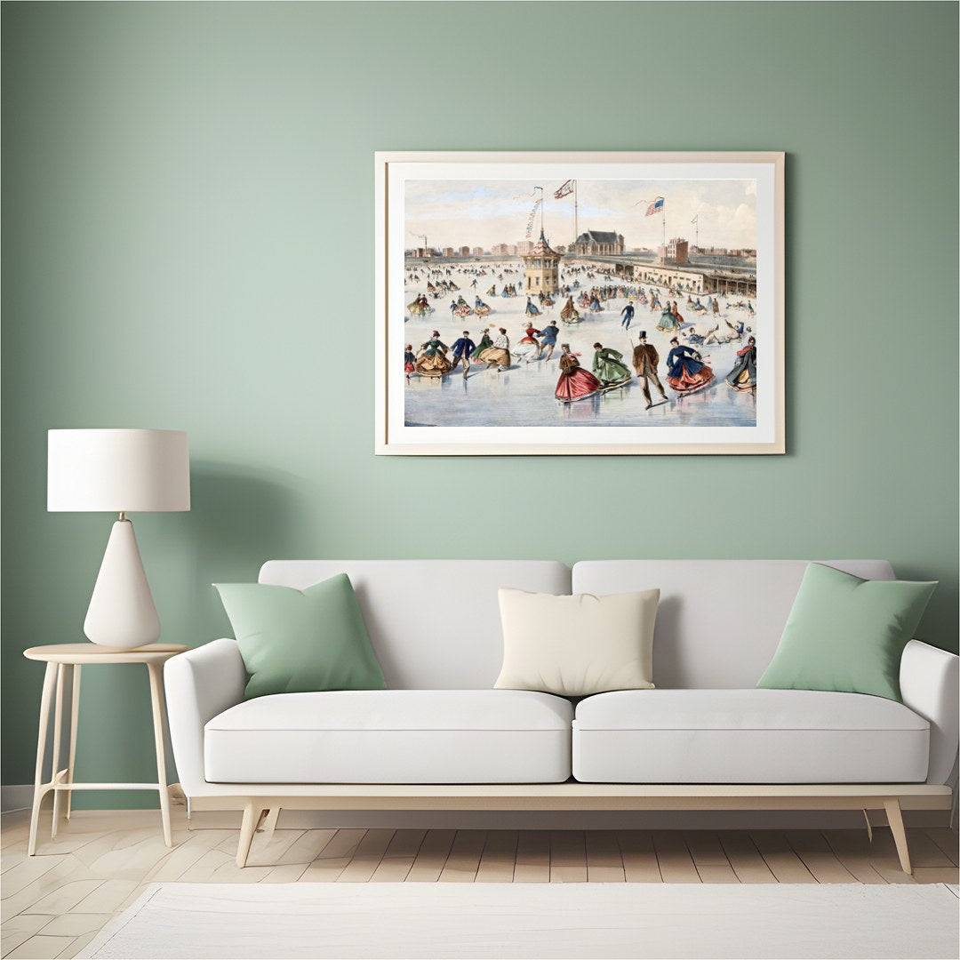 Step back in time with this captivating piece depicting a lively skating scene on a frozen pond. for Hall