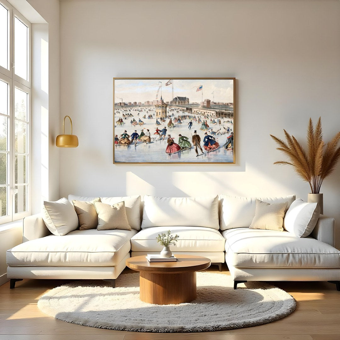 Step back in time with this captivating piece depicting a lively skating scene on a frozen pond. for Living Room